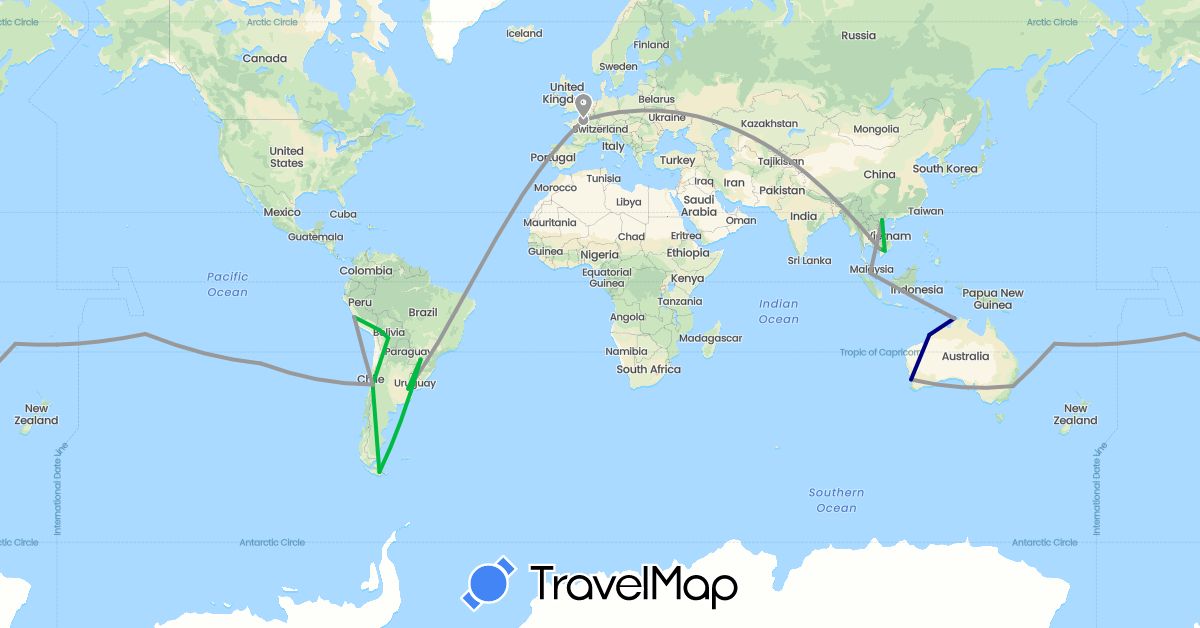 TravelMap itinerary: driving, bus, plane in Argentina, Australia, Bolivia, Chile, France, Cambodia, Malaysia, New Caledonia, Peru, French Polynesia, Vietnam (Asia, Europe, Oceania, South America)